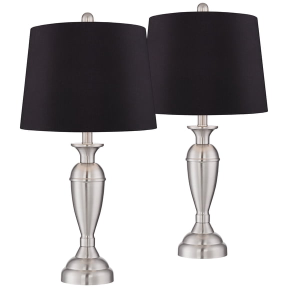 Regency Hill Blair Traditional Table Lamps 25" High Set of 2 Brushed Nickel Black Faux Silk Drum Shade for Bedroom Living Room Bedside Office House