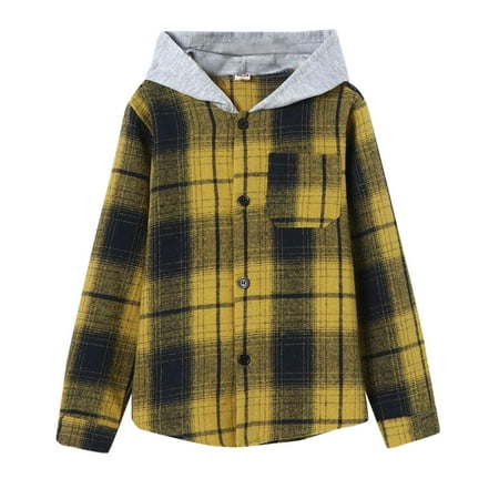 

Toddler Teen Little Boy Hooded Coat Outwear Long Sleeve Button Down Plaid Shirts Casual Hoodie Jacket Top Pockets