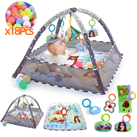 JOY POETRY 4 in 1 Baby Activity Play Mat with 18 Balls,5 Detachable Sound Toys,Baby Sensory Mat for Toddler Infant