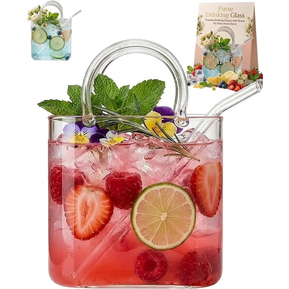 Handbag-Shaped Glass Cup with Straw, 26oz Purse Drinking Glass for Cocktails, Juice, Tea, Decorative Vase for Flowers, Cute Room Decor Gift for Women