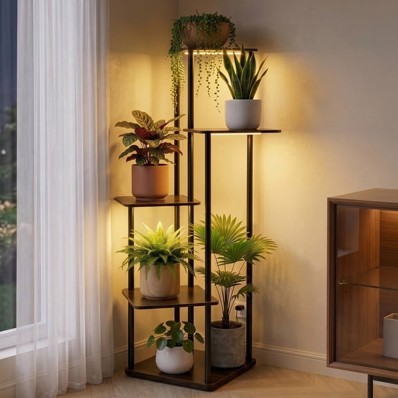Avalution 5 Tier Plant Stand Indoor with grow lights, Metal Plant Shelf for Multiple Plants, Brown Corner Plant Stand for Display Flower, Tall Plant Shelf for Garden