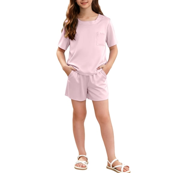 OGLCCG Kids Girls Pajama Sets Summer Short Sleeve Crewneck Sleepwear Tops and Shorts 2 Piece Solid Color Casual Loungwear Sets 5-14 Years