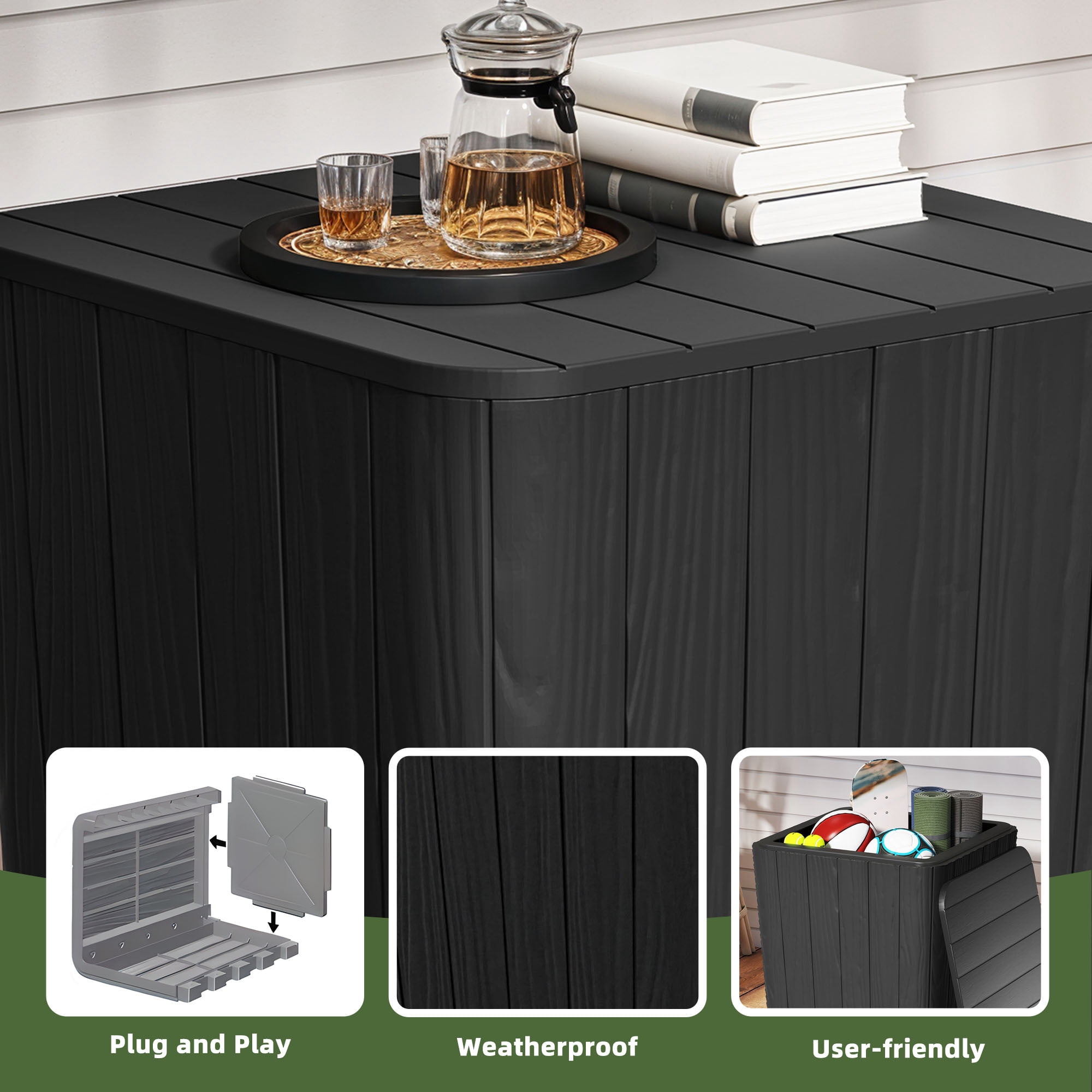 Uforic 11.5 Gallon Outdoor Resin Deck Box, Multifunctional Patio Side Table & Storage Container for Cushions & Outdoor Decor, Black