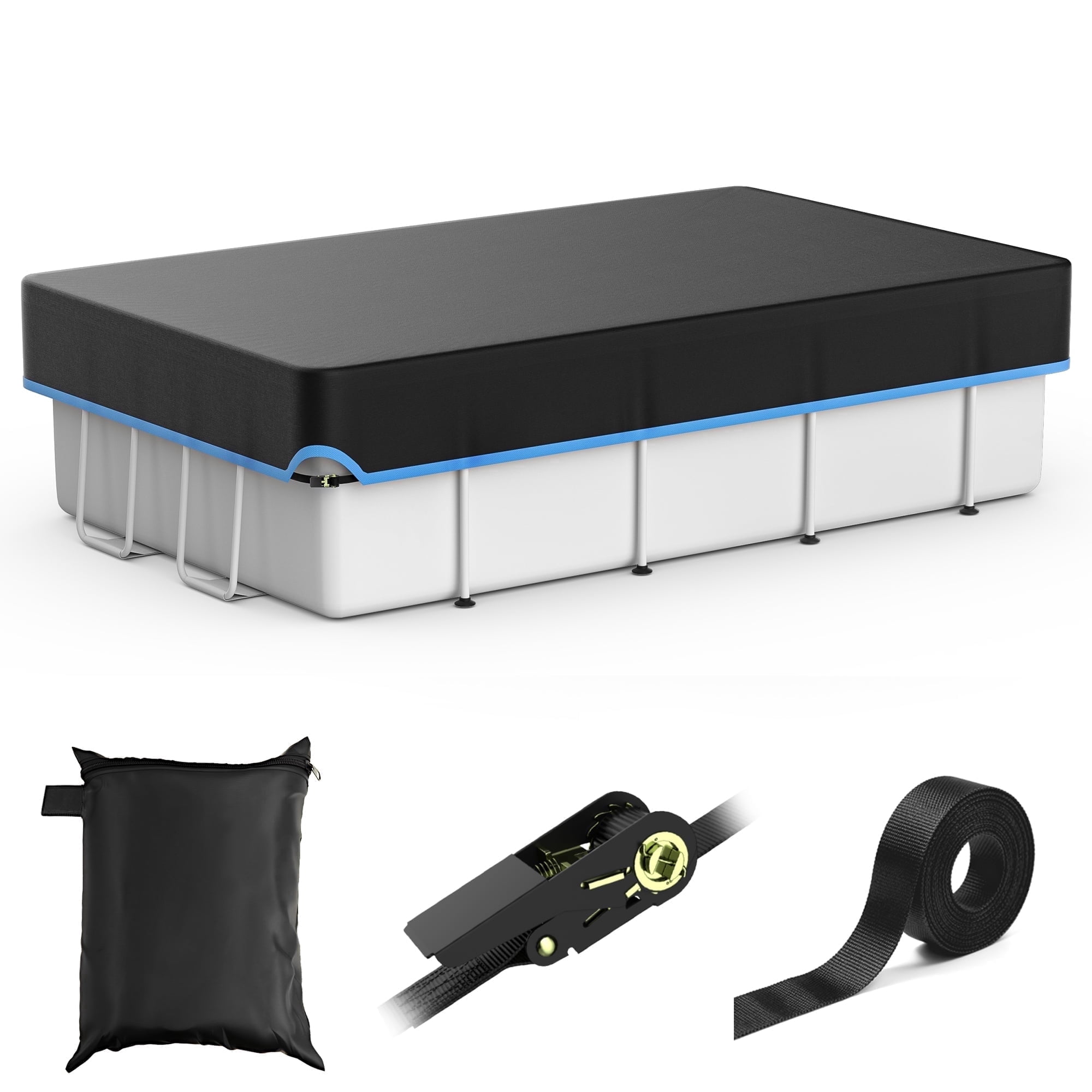 Agricasst 7X13FT Rectangular Pool Cover, 420D Solar Pool Covers for Above Ground Pool with Strap & Drawcord Tightener, Inflatable Pool Cover for UV Resistant, Waterproof Snowproof & Windproof, Blue