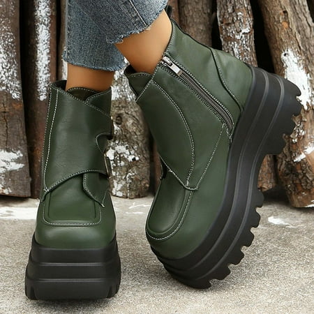 

Zedker Womens Knee High Boots Wide Calf Women s Boots Mid Calf Women s Winter Round-Toe Boots Metal Buckle Side Zip Thick Bottom High-Heels Short Boots