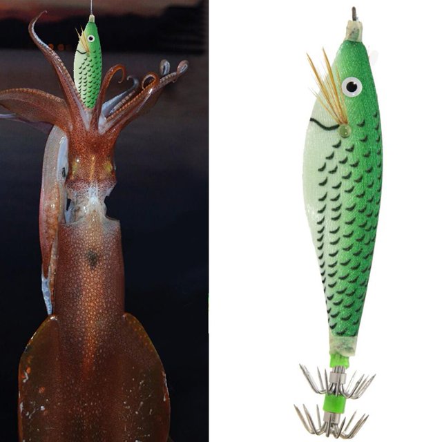 Cebo de camarón de madera luminosa de 8 cm con señuelos de pesca con anzuelo de calamar (verde)