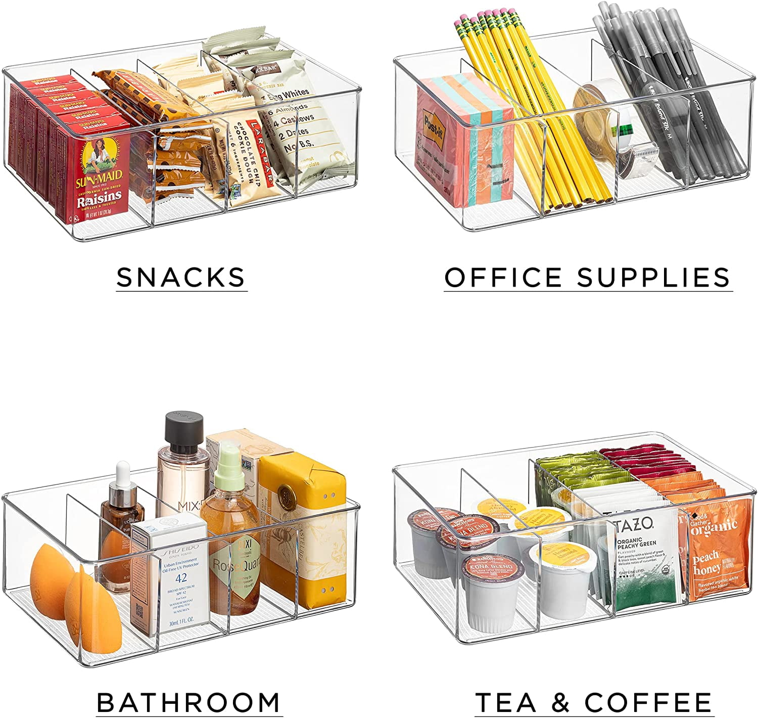 Sorbus Clear Pantry Bins with Dividers, Plastic Organizers for Tea, Spices & Snacks, 4 Pack
