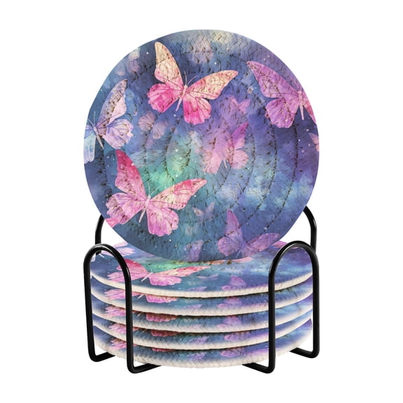 Butterflies Purple 6 Pcs Drink Coasters with Holder Absorbent Coasters Woven Coasters for Drinks Table Desk Protection Home Decor