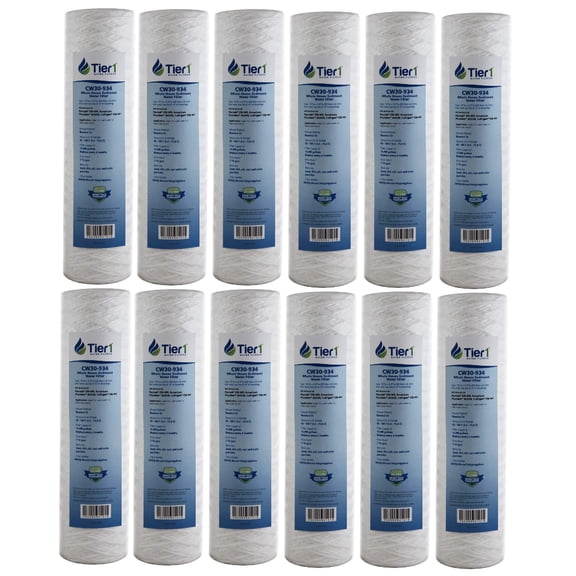 Tier1 30 Micron 10 Inch x 2.5 Inch | 12-Pack String Wound Polypropylene Whole House Sediment Water Filter Replacement Cartridge | Compatible with Pentek CW-MF, 155187-43, W30W, Home Water Filter