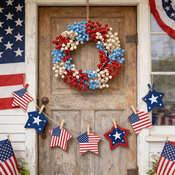 Nkmbld 250th Anniversary Patriotic Wreath, Independence Day Wreath Red White Blue Flower Wreath for Veterans Day Memorial Day Flag Day Wall Window Decor