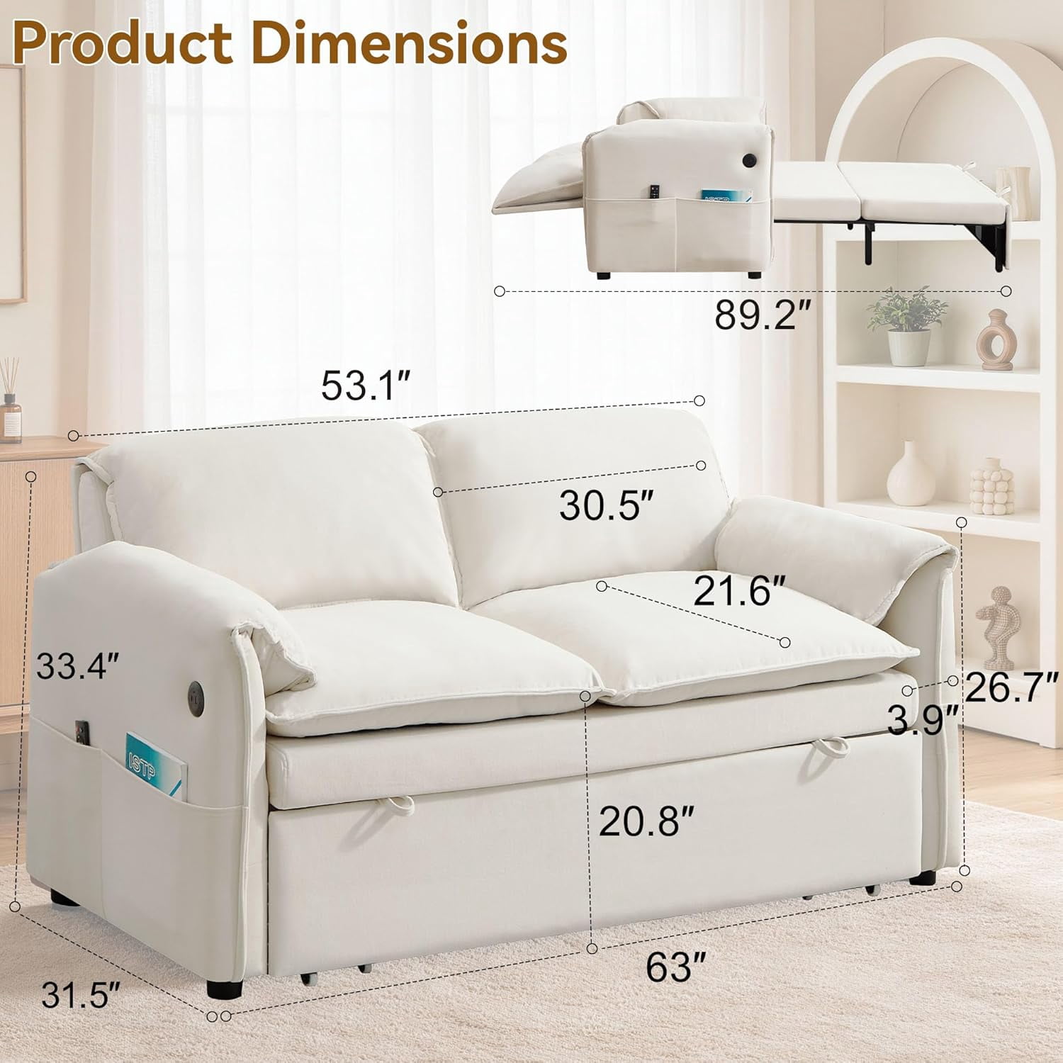 63" Velvet Pull Out Couch, 3-in-1 Convertible Sleeper Sofa Bed with Adjustable Backrest, USB Charging Ports, Side Pockets, Modern Loveseat for Living Room, Bedroom, Apartment, Beige