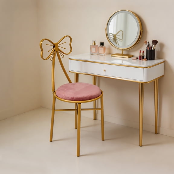 Loyalheartdy Pink Bow Backrest Princess Chair Modern Butterfly Shaped Armless Makeup Vanity Chair with Metal Frame & Sponge Cushion