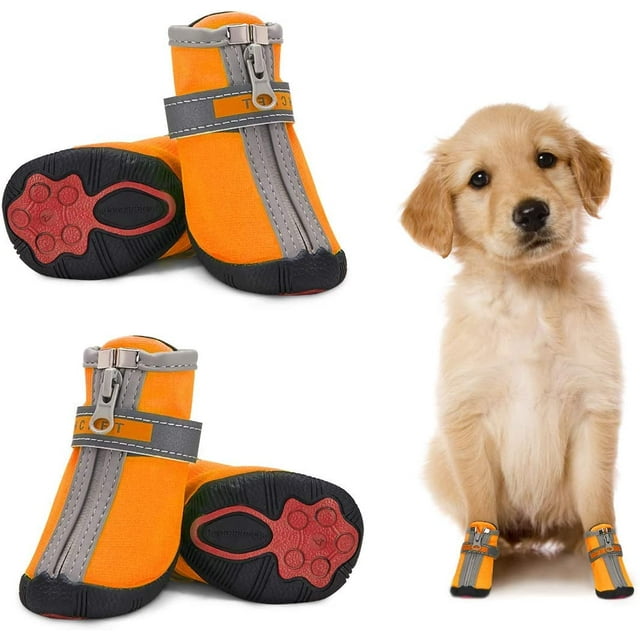 Waterproof Small Dog Shoes 4 Pack, Reflective Non-slip Paw Protector Dog Boots Warm Puppy Shoes Small Medium Dogs Orange 5 #