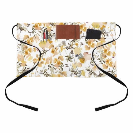 Yellow Wildflowers Half Waist Apron Spring Watercolor Yellow Floral Leaf Plant Short Waiter Aprons with 3 Pockets for Women Men Kitchen Restaurant Cooking