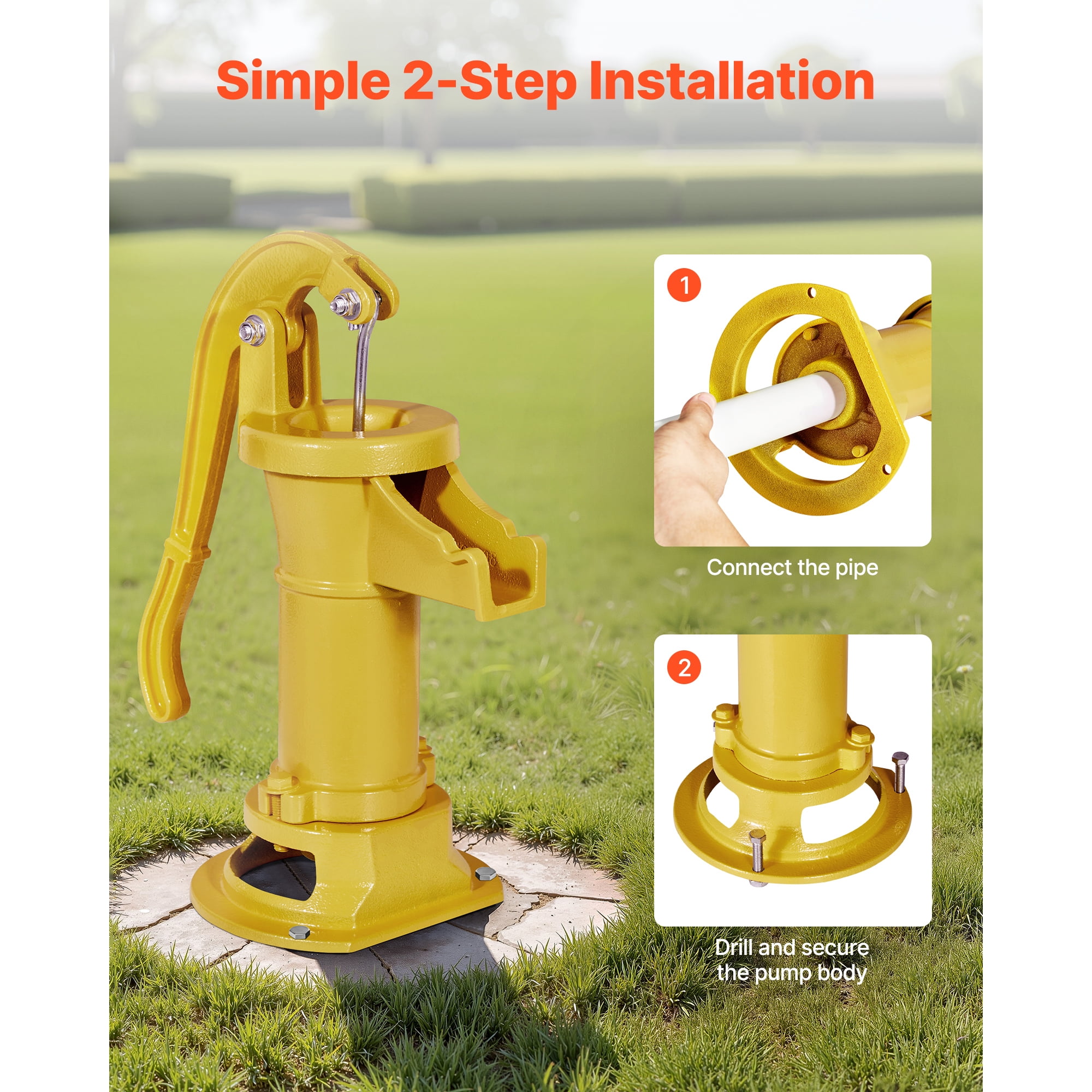 KFFKFF Cast Iron Hand Well Pump, Max. 25 ft Lift Antique  Pitcher Pump, 1-1/4 in NPT Connection,  Manual Water Pump for Outdoor Gardens, Ponds, Backyards, and Farms, Yellow