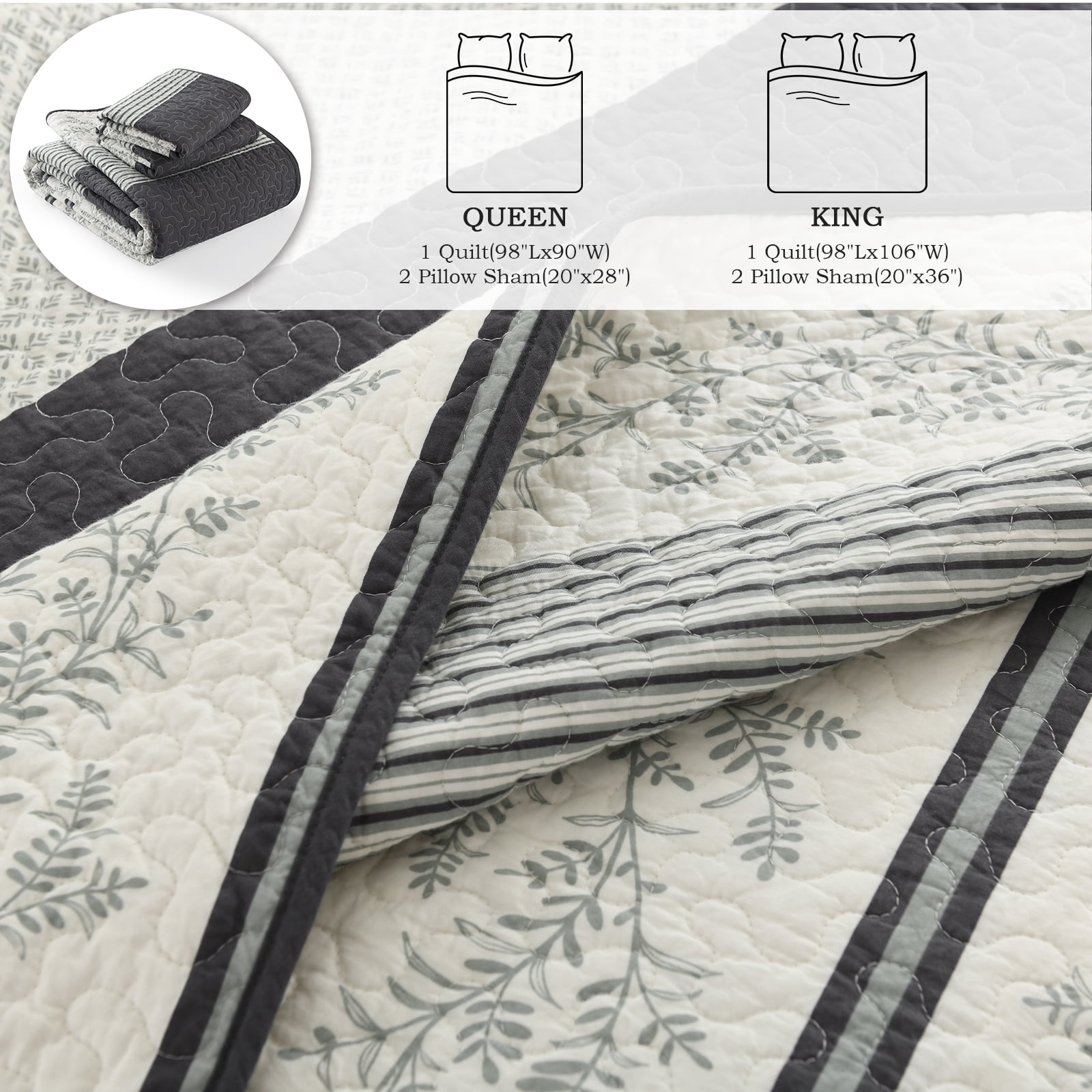 Y-PLWOMEN 100% Cotton Quilt Queen Size - Dark Gray Striped Lightweight Beige Quilt, Floral Quilted Bedspread Lightweight Comforter Set, Soft Bed Spread for Queen Bed with Pillow Shams