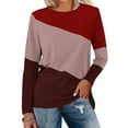 thumbnail image 2 of Crewneck Casual Long Sleeve Tops for Women Loose Fit Patchwork Softy Going Out Tops Trendy(Wine,3XL), 2 of 4