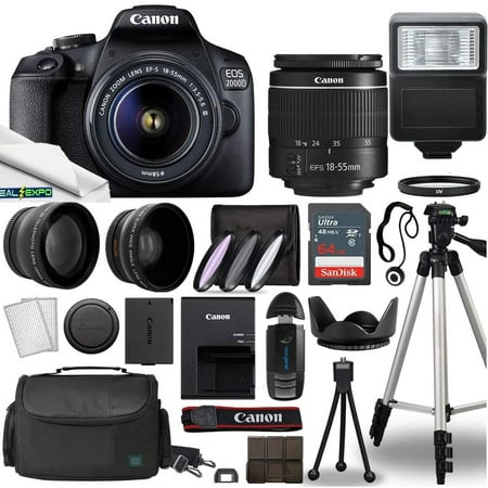 Canon EOS 2000D Digital SLR Camera Body w/Canon EF-S 18-55mm f/3.5-5.6 IS II Lens DSLR Kit with Deal-ExpoComplete Accessory Bundle + Tripod + 64GB + Flash + Case & More - International Model
