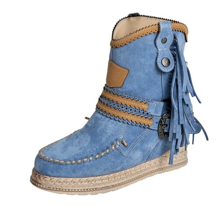 

Women Snow Booties Flat Heel Casual Retro Tassel Solid Color Pointed Zip Belt Buckle Knight Ankle Boots Blue Boots women size 8.5