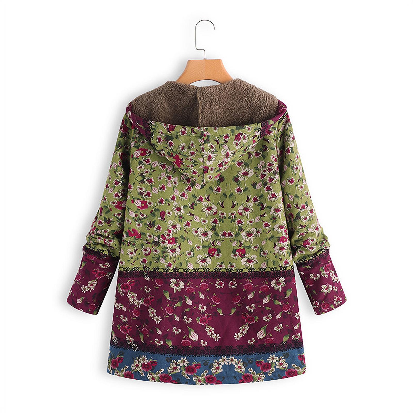 Women Winter Coat Floral Printed Hooded with Pockets Warm Fleece Button Coat Long Sleeve Jacket - image 5 of 8