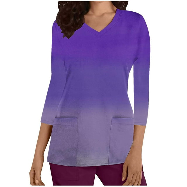 T-shirt Imprimé à Manches 3/4 et Col en V pour Femmes, Design Dégradé, Haut de Soins Infirmiers, Uniforme de Travail Extensible, Coupe Ample et Décontractée