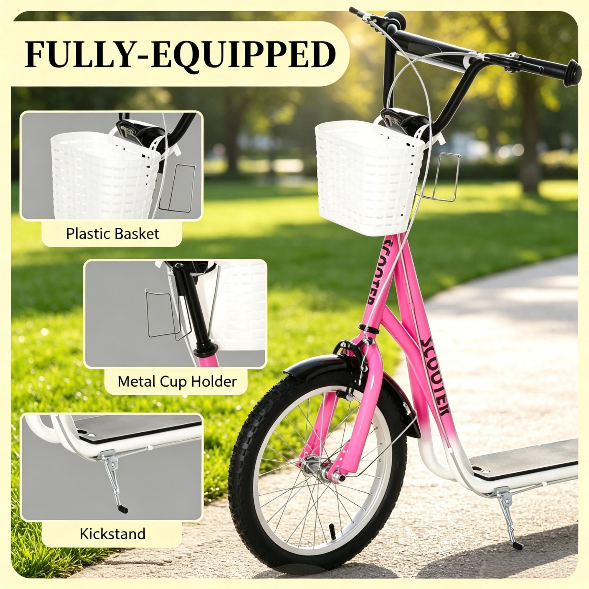 16" Inflatable Youth Scooter, Kick Scooter with Adjustable Handlebars, Double Brakes, Basket and Cupholder, Pink