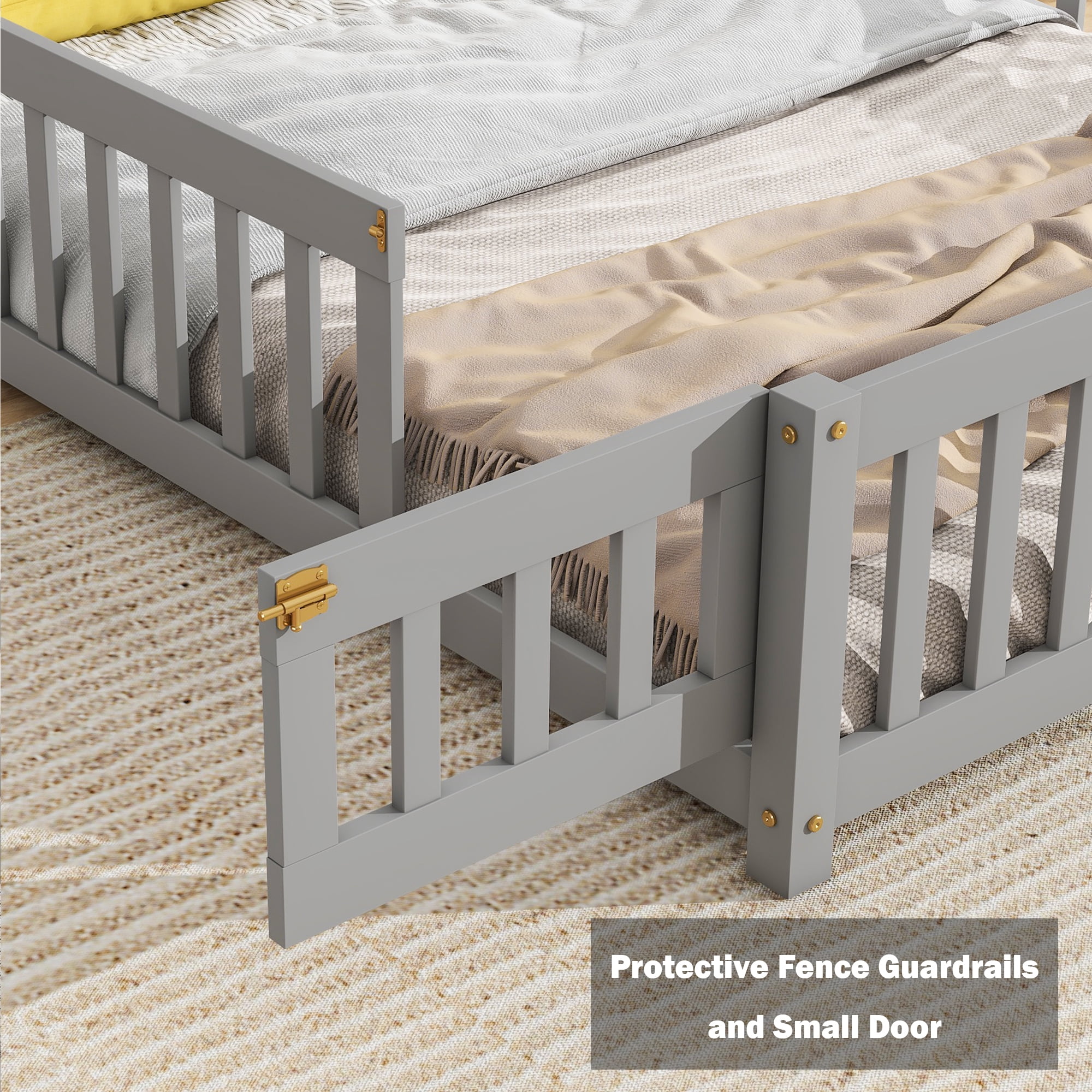 Bellemave Full Size Floor Bed with House-shaped Headboard and Fence Full Wood Floor Bed Frame with Guardrails and Door Montessori House Bed, Gray