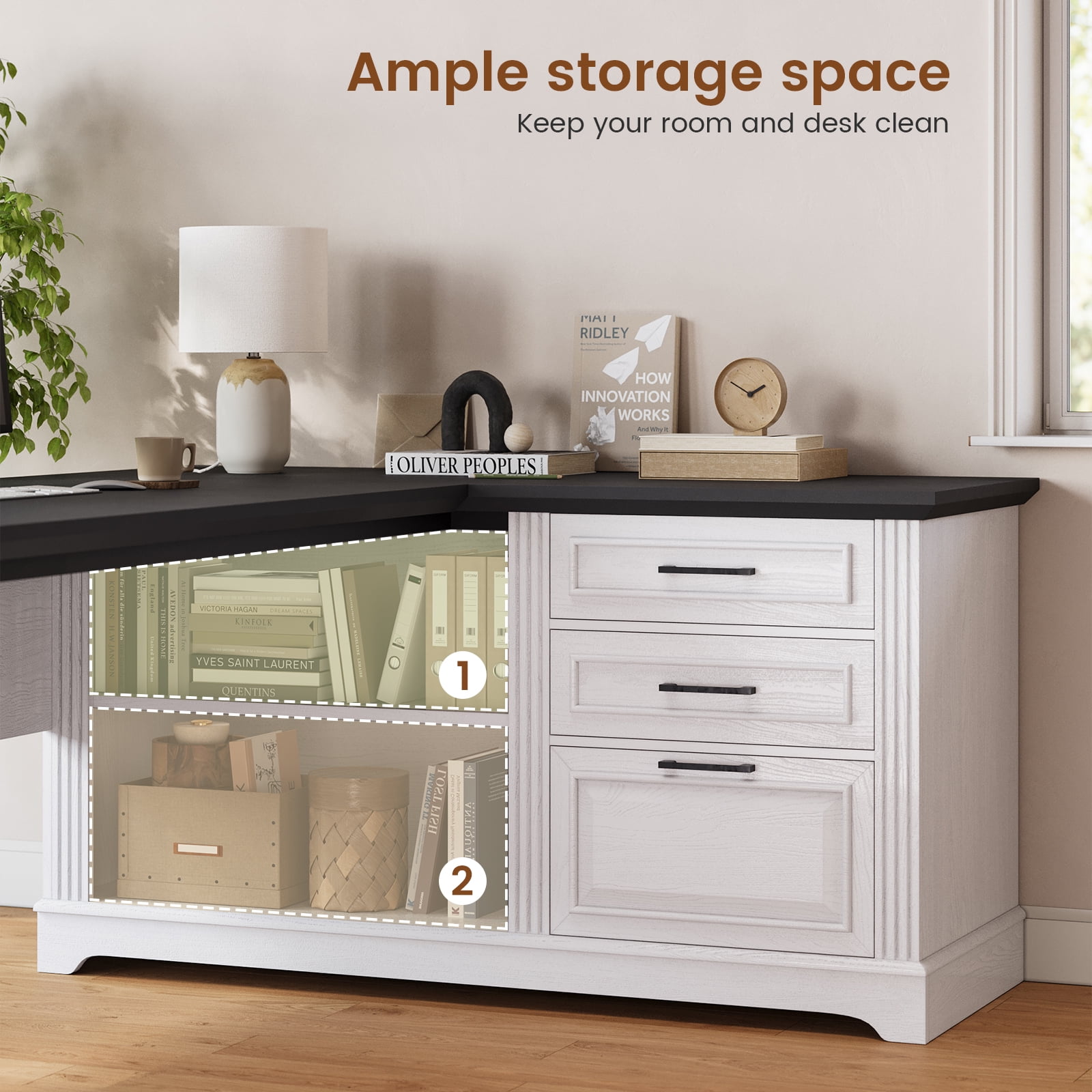 SEDETA Farmhouse L Shaped Desk with Storage, Home Office Desk with Power Outlets, Drawer, File Drawer & 2-Tier Open Shelves, Elegant Corner Computer Desk, PC Large Wood Workstation, White & Black Top