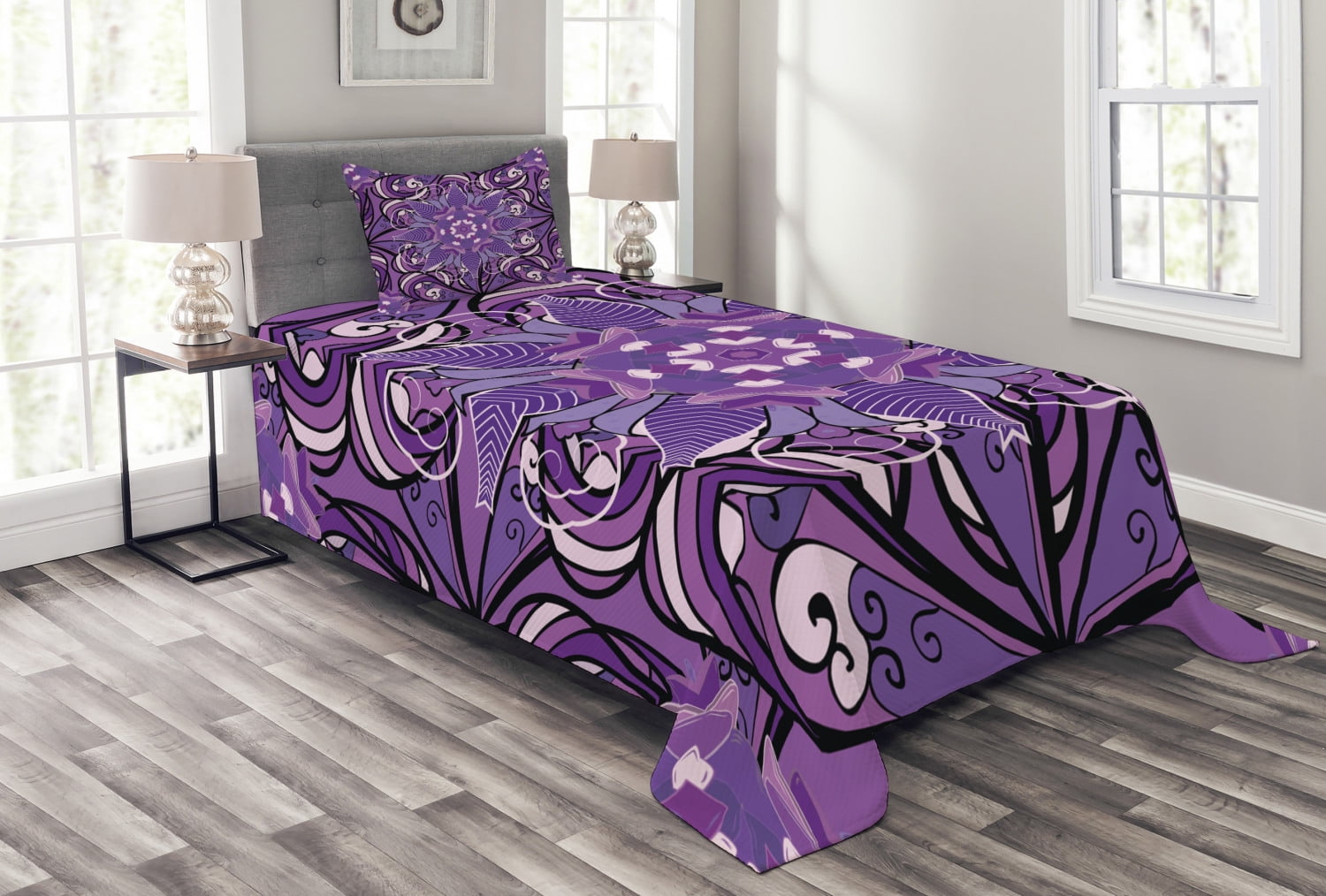 Mauve Bedspread Set, Vintage Oriental Mandala Figure with White
