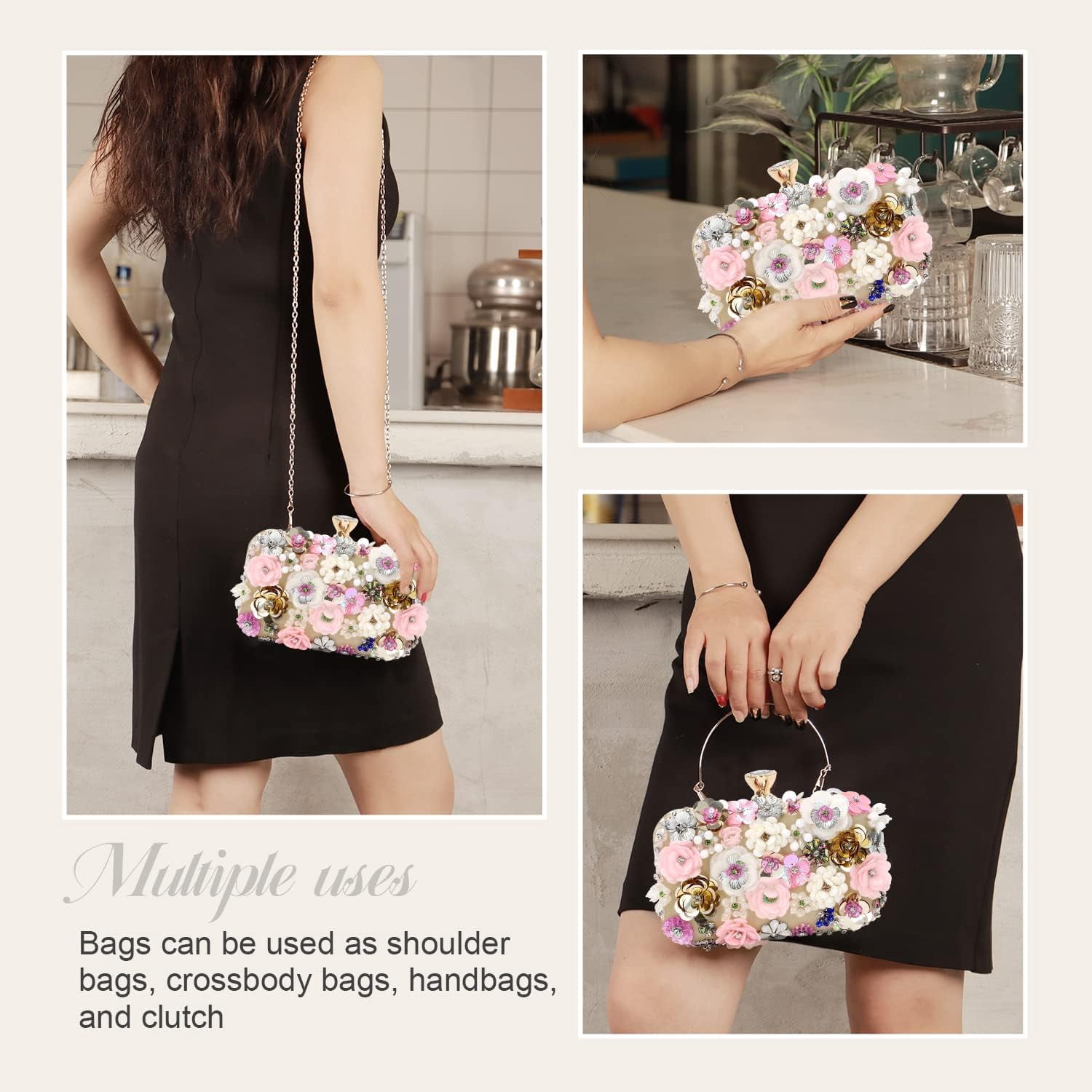 3D Flower Clutch Purses for Women Gold Formal Wedding Party Evening Bags Chain Floral Shoulder bag