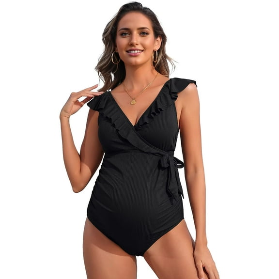 Asoul Ruffle Maternity Swimsuit One Piece V-Neck Pregnancy Bathing Suit Tie Kont Monokini Swimwear for Womens