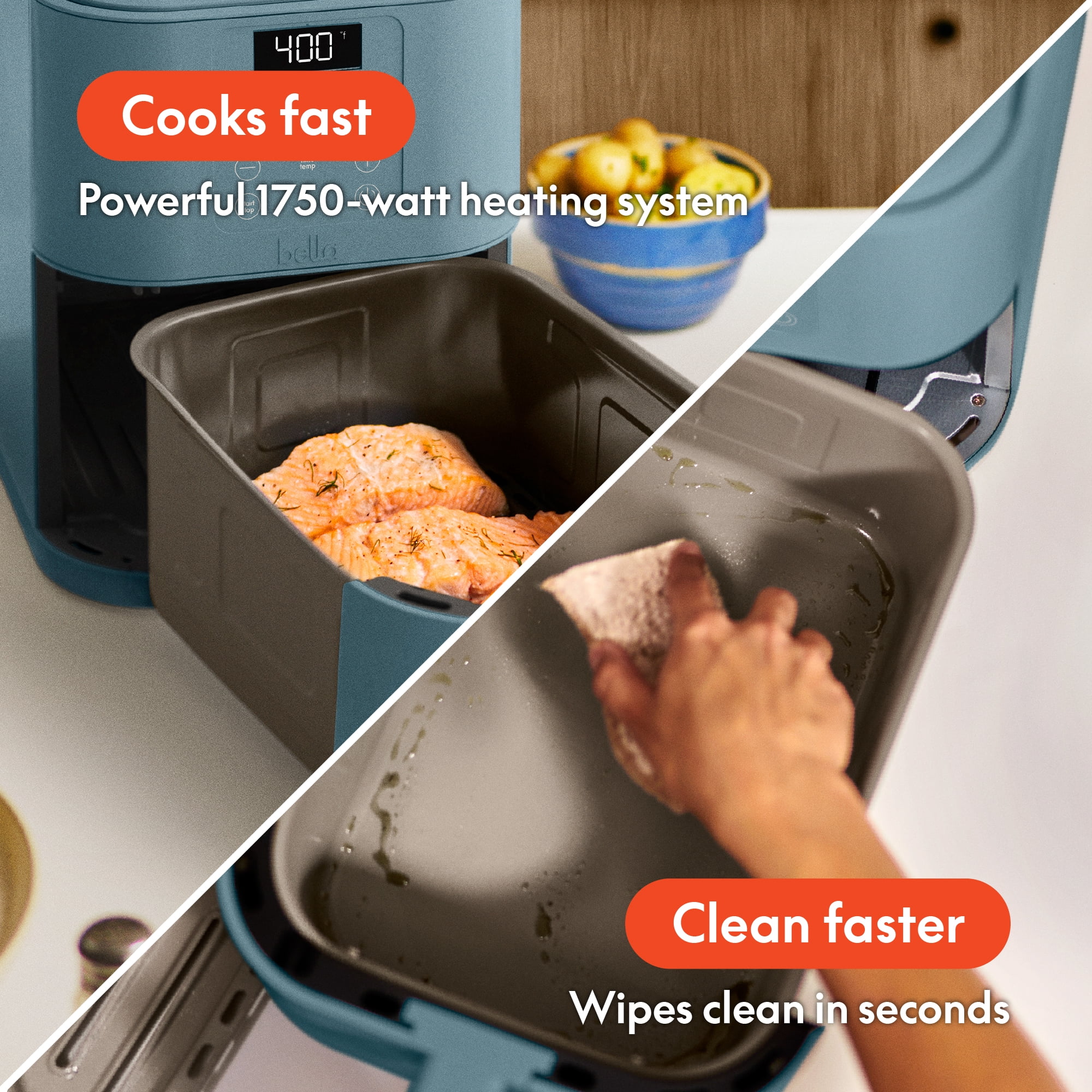 bella 6 Qt Slim Digital Air Fryer with EverGood™ Ceramic Nonstick Coating, 6 Preset Cooking Options, Surf