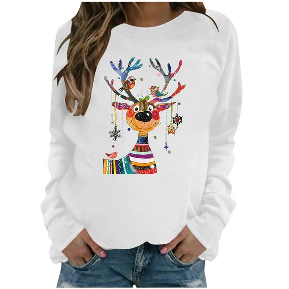 lcziwo Women Christmas Sweatshirt 2024 Trendy Crew Neck Reindeer Print Pullover Loose Fit Long Sleeve Sweatshirts Lightweight Soft Pullovers White,M