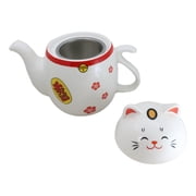 Japanese Maneki Neko Lucky Beckoning Cat Ceramic Tea Pot With Metal Strainer