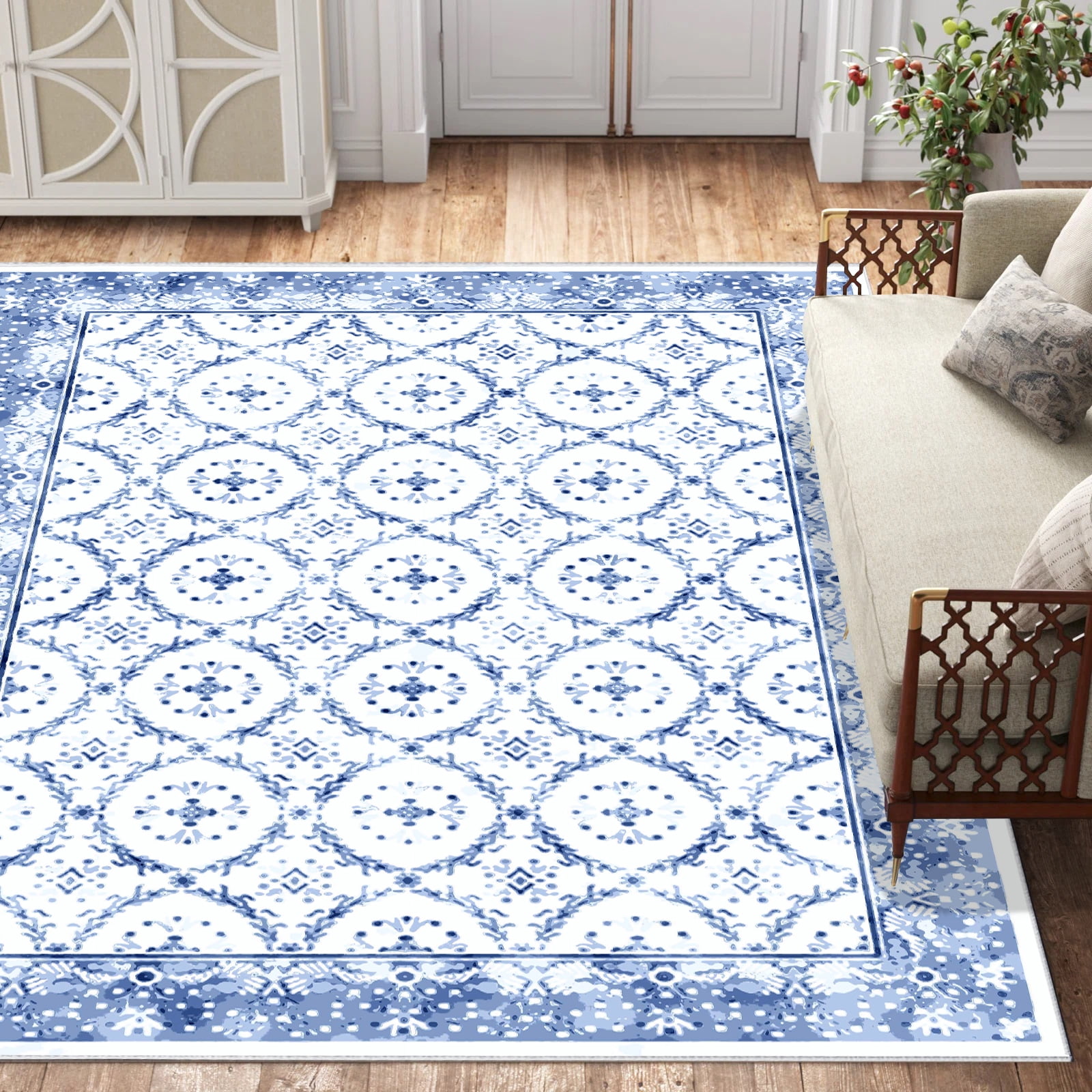 Artnice Vintage Floral Washable Rugs, Area Rugs for Living Room 8x10, Soft Faux Wool Room Rug Non Slip Indoor Carpet Mats for Home Decor, Blue and White