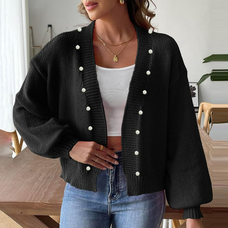 WCMZJ Women s Pearl Beaded Open Front V Neck Drop Shoulder Cropped Cardigan Sweater Long Sleeve Trendy Fall Sweaters Black XL