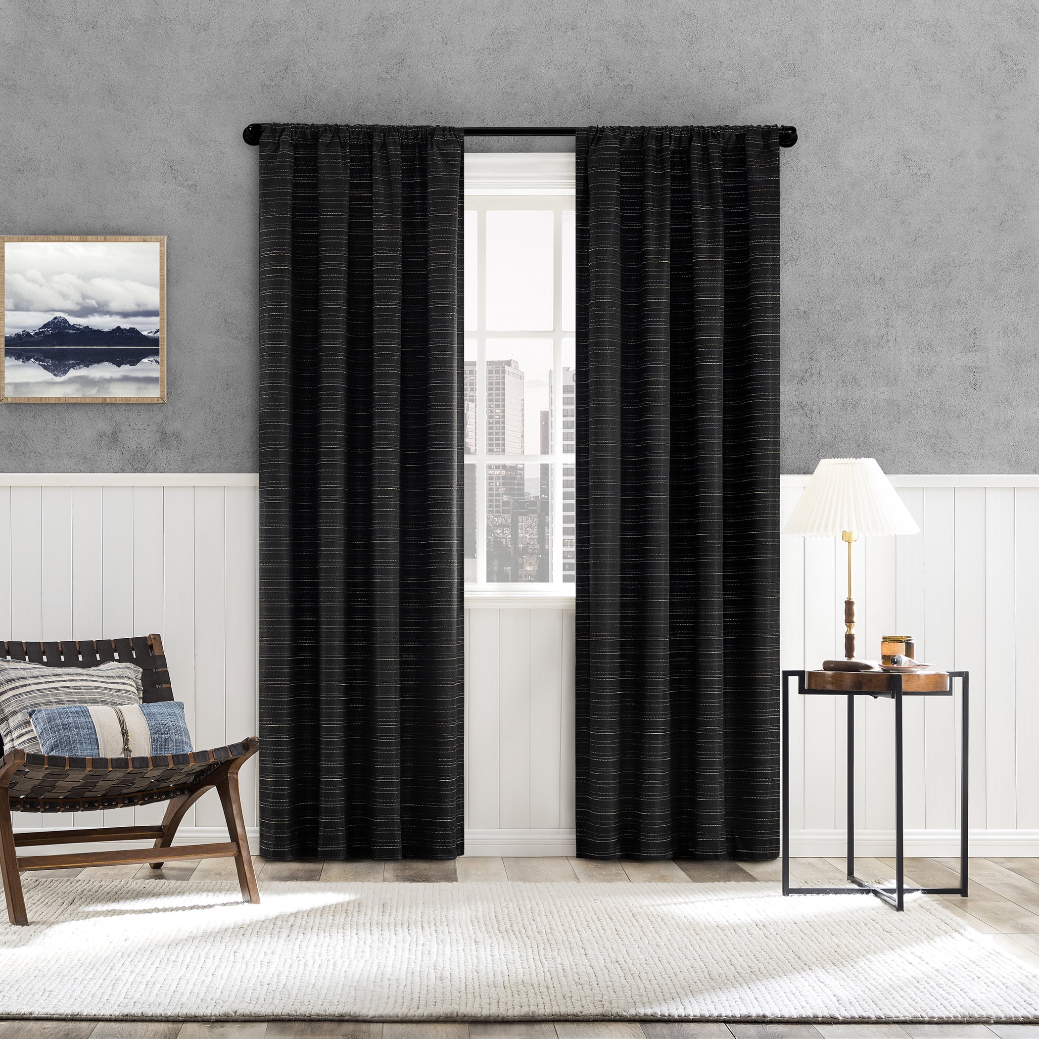 Sun Zero Sylvan Slub Stripe Thermal Blackout Rod Pocket Curtain Panel, 40"x63", Black