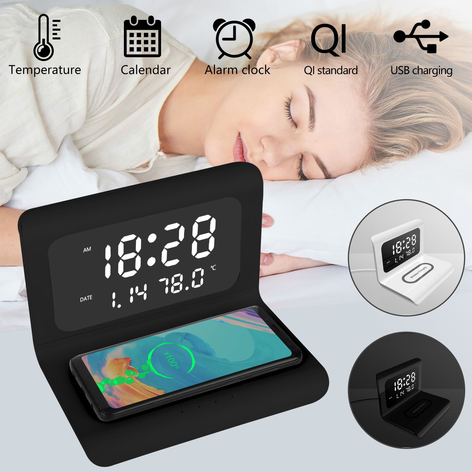 Digital Alarm Clock LED Date Time Temperature Display With Qi Wireless Charg Pad