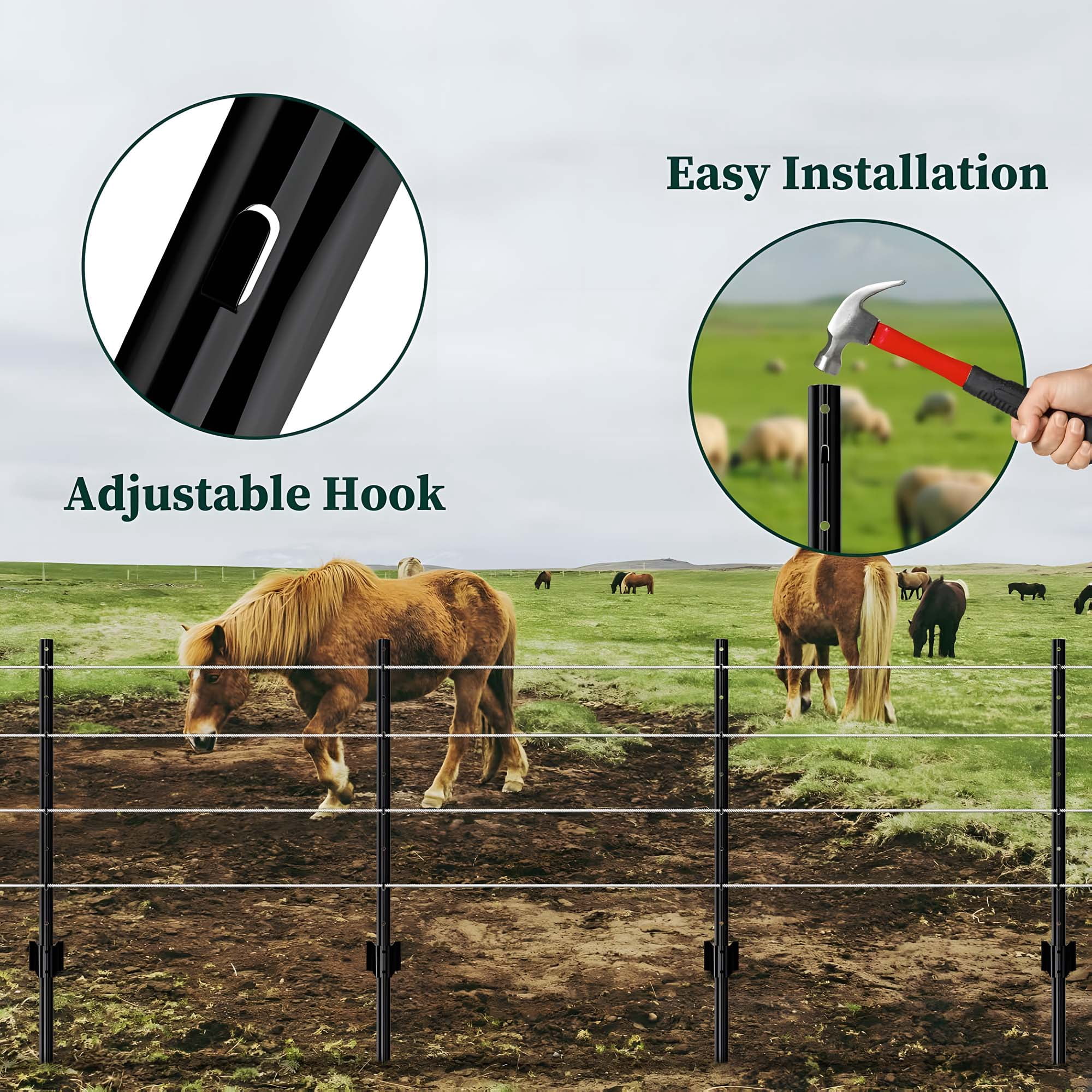 Miniyam 10 Piece Garden Fence Post Set, 4-ft Heavy-Duty U-Shaped Metal Posts for Wire Mesh Fences, No-Dig Temporary Fence Posts, Black