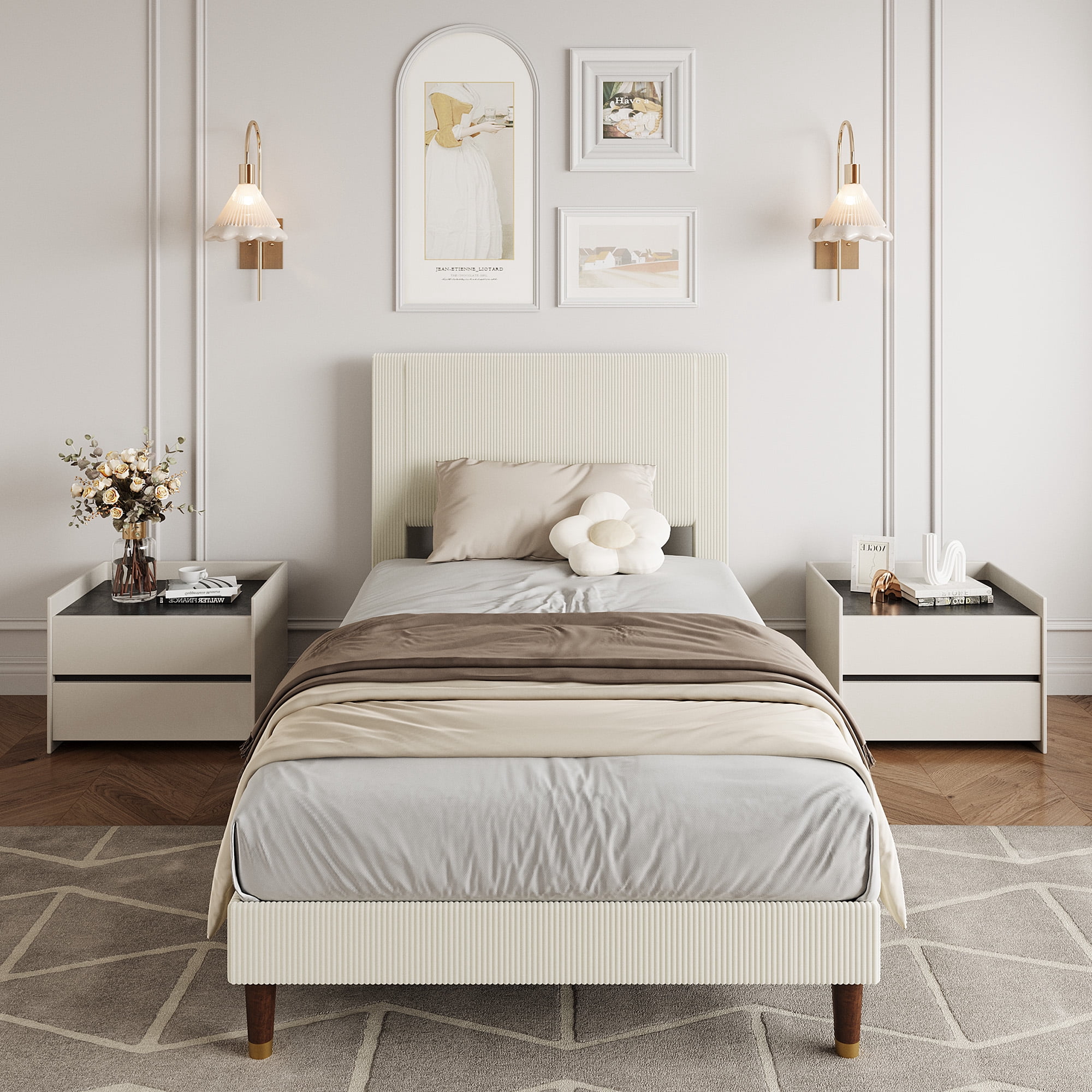 King Size Corduroy Bed Frame with Headboard, Heavy Duty Wood Slats, Noise-Free & Easy Assembly, No Box Spring Needed, Modern for Bedroom, Guest Room, Apartment