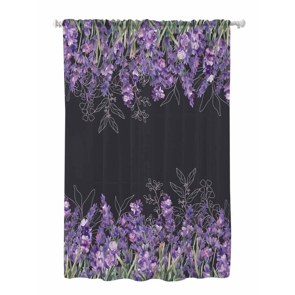 Sheer Curtains 72 Inches Long, Purple Lavender Semi Sheer Curtains Light Filtering Window Treatment, Spring Watercolor Wildflowers Plant Black Privacy Voile Drapes for Living Room Bedroom 52x72 Inch