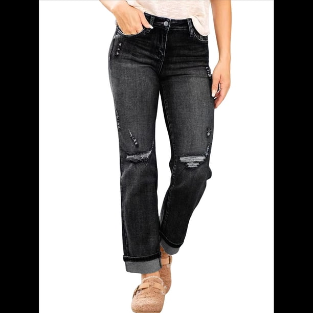 Pantalones Vaqueros Boyfriend Rectos de Tiro Medio para Mujer, de Mezclilla Elástica y Rasgada, A . Negro S