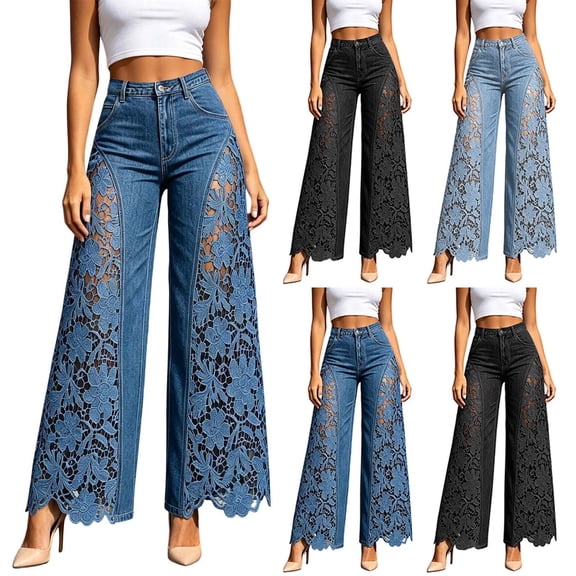 Zormilly Wide Leg Jeans for Women High Waisted Lace Spliced Stretchy Jeans, S-3XL