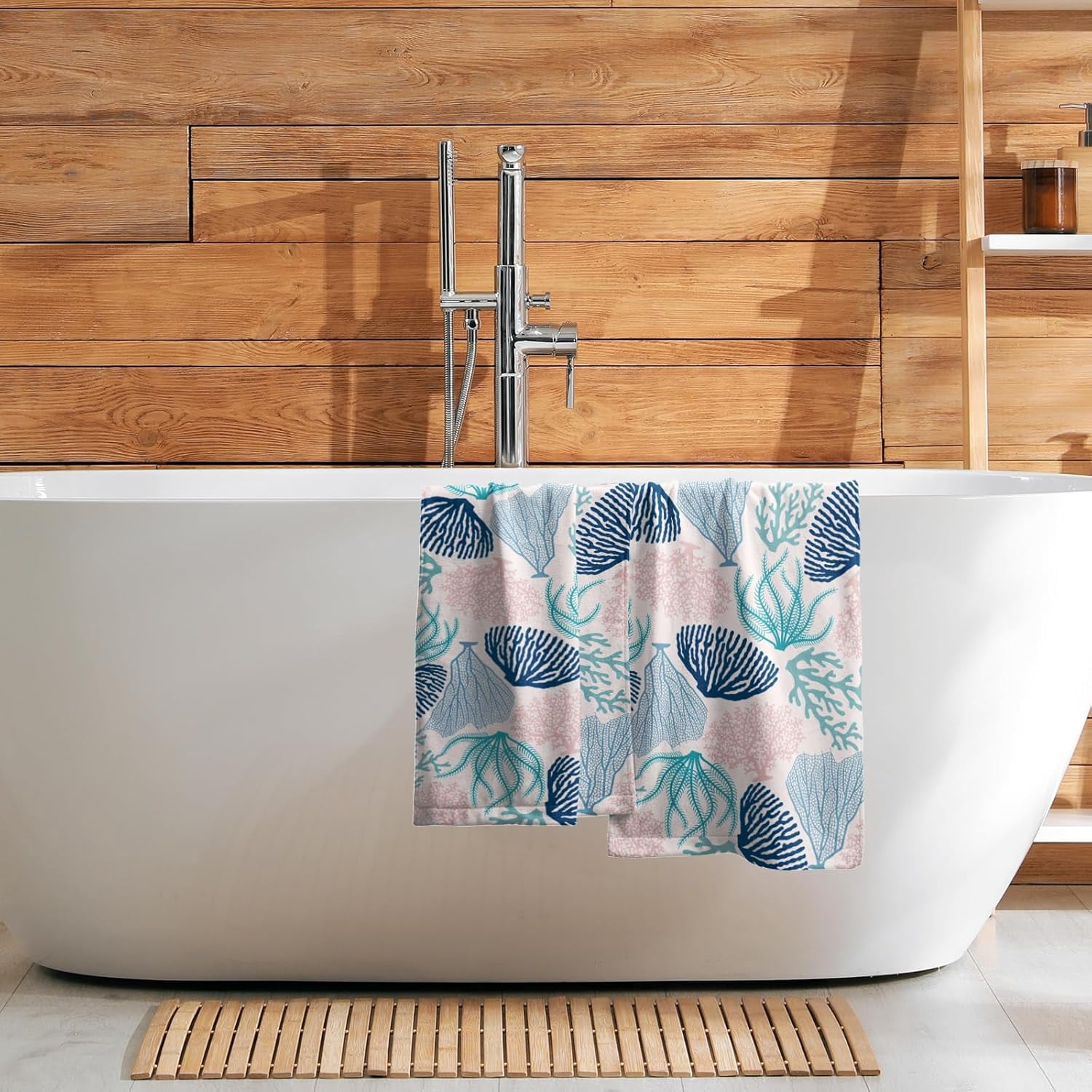 Coastal Blue Coral Hand Towels 28 x 14 Inch Pack of 2, Navy Teal Pink Ocean Marine Soft Absorbent Decorative Towel for Gym Spa Home Bathroom Kitchen