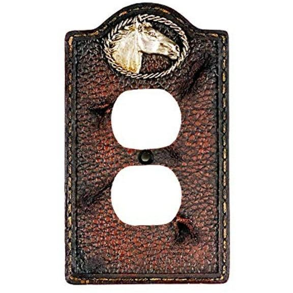 Urbalabs Western Horse and Worn Leather Design Decorative Light Switch Outlet Wall Plate Covers Antique Country Home Rustic Light Switch Covers Single Double 2 Gang Switch Plates (Outlet)