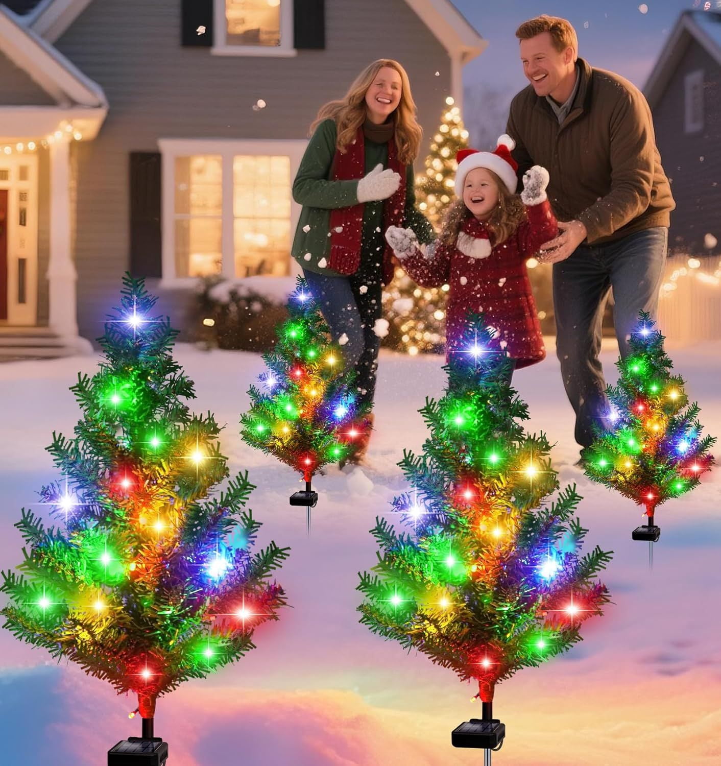 Solar Christmas Tree Outdoor Decor, Waterproof Solar Xmas Decorations Garden Stake Lights, Multi-Color LED Christmas Décor for Outside Landscape Pathway Porch Yard Holiday (4 Pcs Pink)