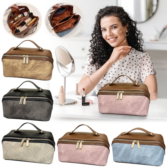 Organizador doble cremallera de bolsa de piel de piel – Estuche de maquillaje y artículos de aseo para viaje, divisor de 3 secciones, diseño de pie, 25×13×12 cm, limpia con toallita