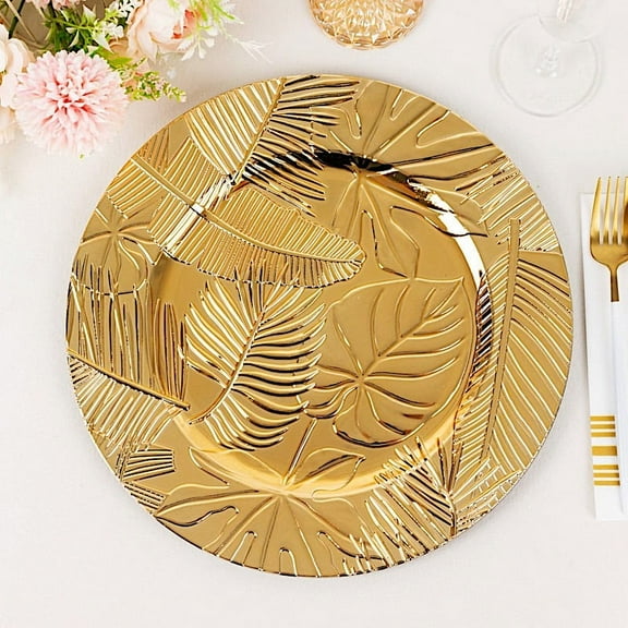 BalsaCircle 6 Metallic Gold 13" Round Acrylic Charger Plates Embossed Tropical Leaves Party Events Decorations