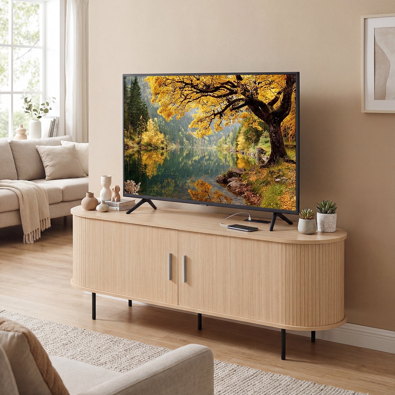 Costway Fluted TV Stand for TVs up to 60”, Mid Century Curved Entertainment Center Natural