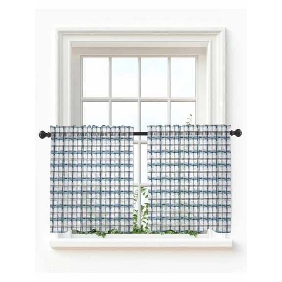 Blue Plaid Tier Curtains 36 Inch Length, Sheer Curtains for Bedroom Living Room Window Watercolor Checkered Blue Ombre Rod Pocket Voile Drapes Kitchen Curtains Small Half Window 27.5"x36" 2 Panels